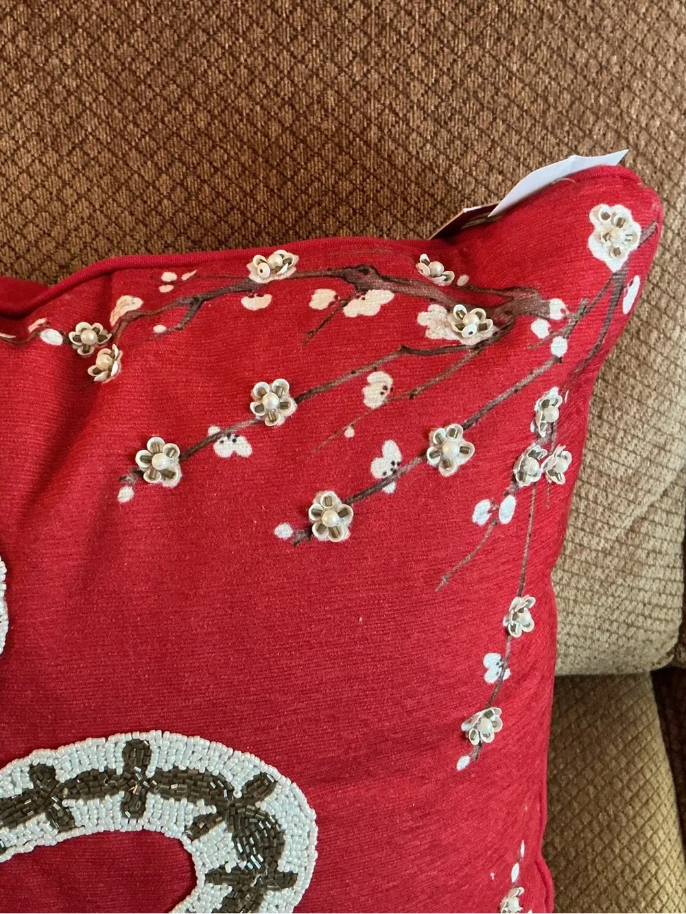 Red Beaded White & Gold Snake Decorative Pillow